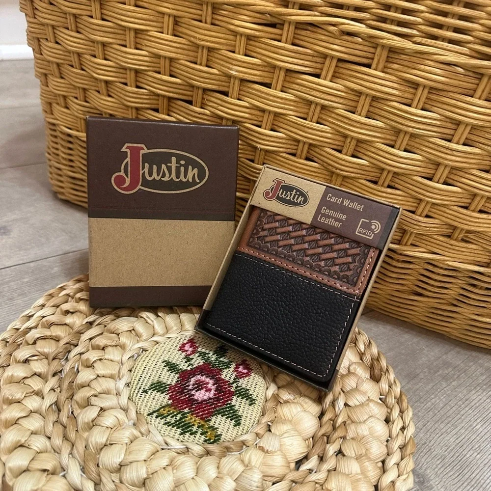 New Justin Boots Mens Leather Wallet Bi Fold Basketweave Card Wallet Brown Black